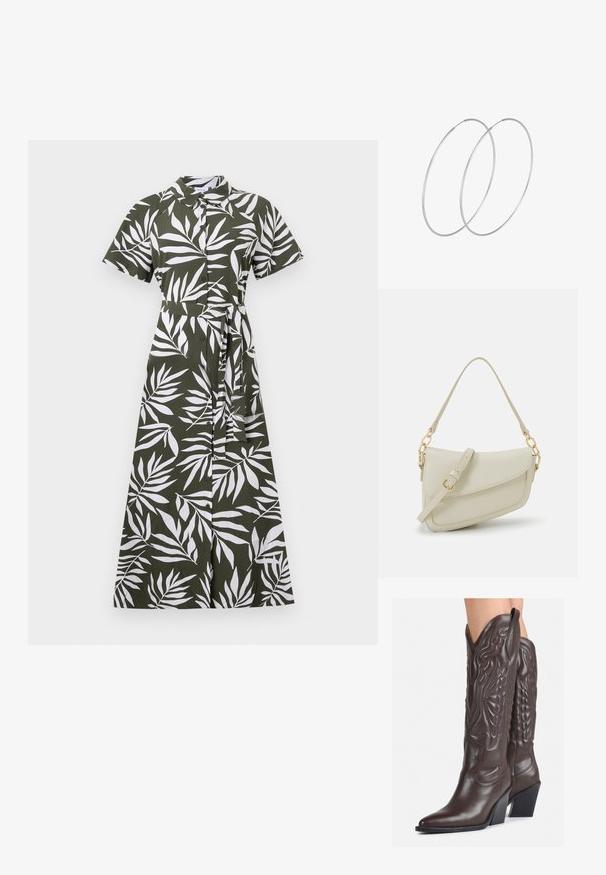 Abito midi verde con motivi a foglia bianchi, maniche corte, colletto, chiusura con bottoni davanti e cintura in vita, realizzato in tessuto morbido.; Stivali da cowboy in pelle marrone con punta affusolata e tacco a blocco, caratterizzati da dettagliati ricami e accenti rialzati sul gambale.; Piccola borsa a tracolla crema con finitura testurizzata, una lunga tracolla regolabile, un accento a catena e chiusura a patta. Dettagli in hardware dorato.; Orecchini a cerchio in argento con un design minimalista. Forma circolare, superficie liscia e profilo sottile. Leggeri con una finitura lucida.