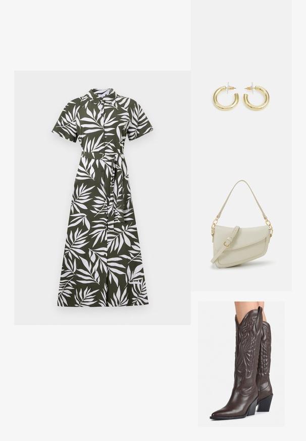 Žalia midi suknelė su baltais lapų raštais, trumpomis rankovėmis, apykakle, sagų priekyje ir juosmens juosta, pagaminta iš sklandžios medžiagos.; Rudos odinės kaubojaus batai su smailiu priekiu ir blokuotu kulnu, pasižymintys detaliu siuvinėjimu ir iškiliais akcentais ant ašies.; Mažas kreminis rankinukas su tekstūruotu paviršiumi, ilga reguliuojama juostele, grandinėle ir užsegimu su atvartu. Aukso detalės.; Aukso auskarai su lygiu, blizgiu paviršiumi. Apvalus dizainas su maža užrakto dalimi ir skaidria atrama saugiam nešiojimui.