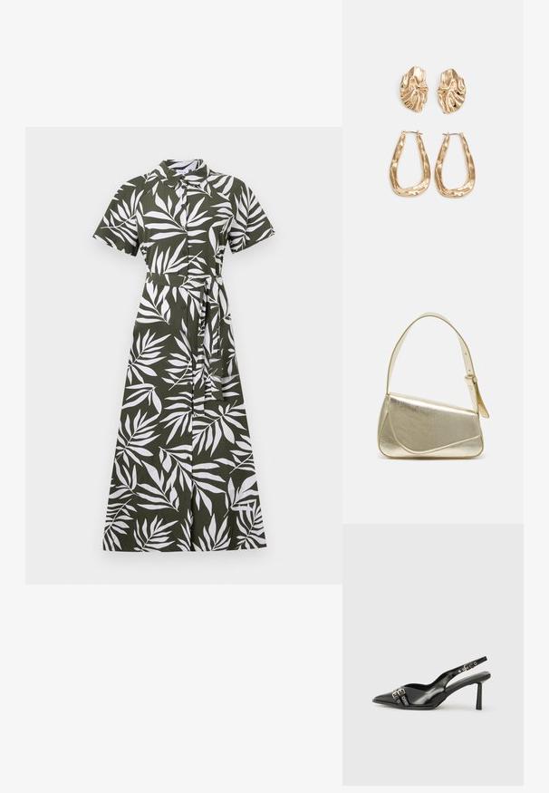 Grønn midi-kjole med hvite bladmønstre, korte ermer, krage, knappestilling foran og belte i livet, laget av glatt stoff.; Sorte patentlær slingback-sko med spiss tå, ankelremmer med sølvspenner og detaljer, og en slank hæl.; Gullfarget metallisk håndveske med en strukturert design, glatt tekstur og justerbar stropp. Har en unik trekantet form og minimalistisk søm.; Gullfargede øredobber med teksturerte, bølgete former. Inkluderer skulpturelle klipsstuds og åpen hoop-design med en hamret finish.