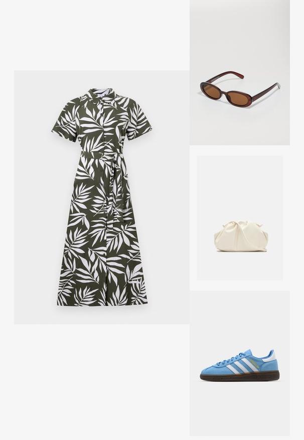 Vestido midi verde con patrones de hojas blancas, mangas cortas, cuello, cierre de botones en la parte delantera y cinturilla, hecho de una tela suave.; Zapatillas de ante azul claro con rayas de cuero blanco, suela texturizada marrón y detalle de logotipo dorado. Diseño de perfil bajo con puntera redondeada.; Gafas de sol redondas con tinte marrón y un marco burdeos brillante. Patillas delgadas con un sutil detalle de marca. Diseño de lentes planos.; Bolso de cuero sintético suave y de color crema con diseño fruncido, correa ajustable y cierre de cuerda sutil. Textura suave y forma redondeada.