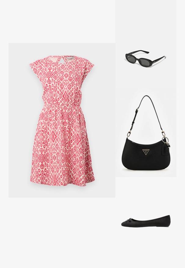 Rochie cu un model roșu și alb, confecționată dintr-un material ușor, având un guler rotund, mâneci scurte, talie elastică și o fustă evazată.; Balerini din suede negru, cu vârf rotund, având o fundiță decorativă în față și un design cu talpă plată. Textură netedă și formă clasică.; Ochelari de soare negri, cu lentile ovale, cadru din plastic lucios și brațe subțiri. Prezentă logo-ul Ray-Ban în alb pe lateral.; Geantă de umăr sintetică neagră cu o siluetă curbată, finisaj texturat, logo triunghiular aurie și accente hardware detașabile.