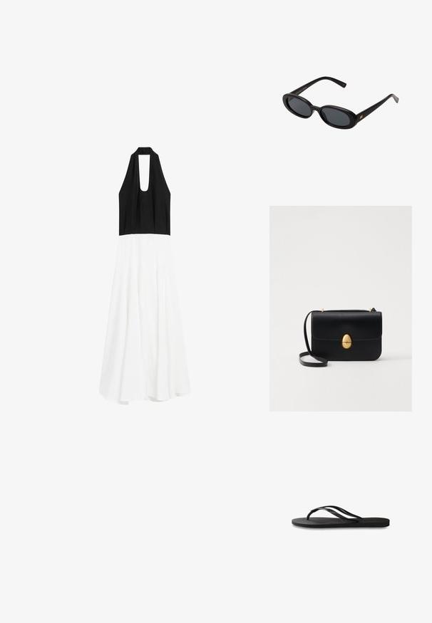 Massimo Dutti LONG FLARED WITH HALTER NECK - Vardagsklänning - black; Svart flip-flop med en texturerad gummisula, två slanka remmar och en subtil, präglad logodetalj på remmen.; Svarta överdimensionerade solglasögon med ovala linser, slät plastbåge och guldaccent på bågarna. Mörka linser ger solskydd.; Svart läderhandväska med en strukturerad rektangulär form. Har ett gyllene ovalt lås och ett tunt axelband. Slät textur.