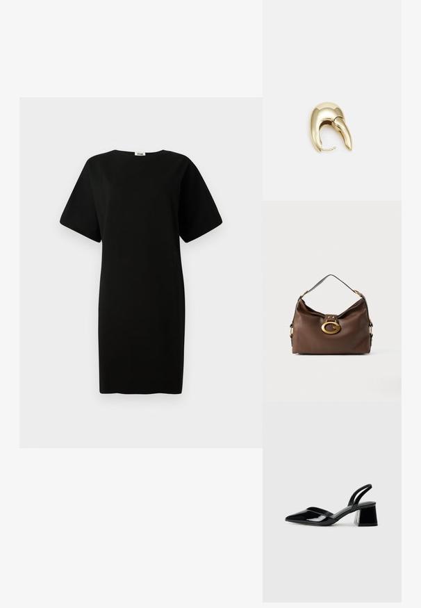 Černé šaty s volným střihem, krátkými rukávy a rovný střih. Vyrobené z jemné, hladké tkaniny s kulatým výstřihem.; Černé lakované kožené lodičky na pásku s špičatou špičkou a geometrickým blokovým podpatkem. Vyznačují se elegantním, minimalistickým designem a hladkým povrchem.; Hnědá kožená kabelka s texturovaným povrchem, která má zlatý kovový klip a jeden zakřivený ramenní popruh.; Náušnice ve zlatém tónu z kovu s elegantním zakřiveným designem. Vyznačují se jedinečným špičatým tvarem, lesklým povrchem a závěsem na kloub.