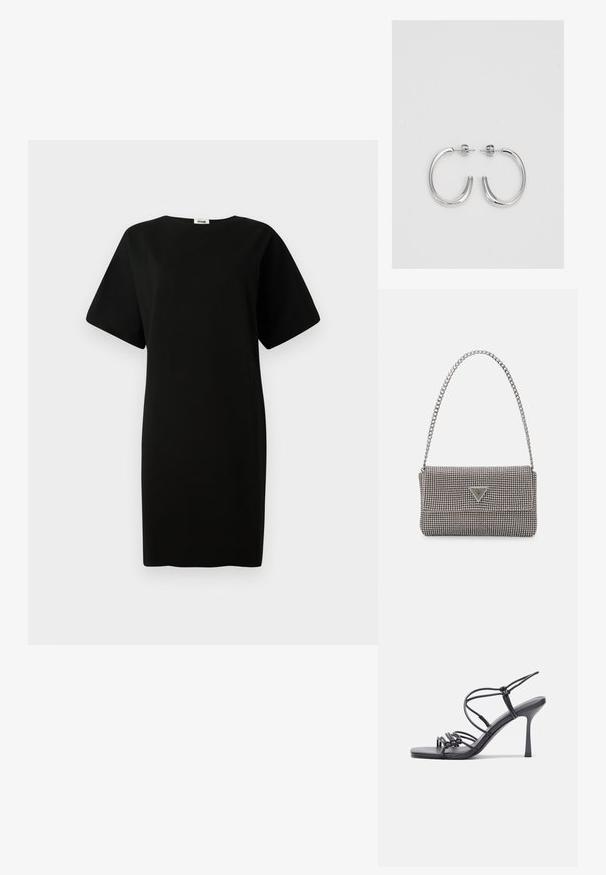 Črna obleka z ohlapnim krojem, kratkimi rokavi in ravnim rezom. Narejena iz mehkega, gladkega materiala z okroglo izrezom.; Črne visoke sandale na peto imajo tanke naramnice z vozlom, gladek kvadratni toe in eleganten stiletto peto.; Svetlo siva kovinska torbica z verižnim ročajem, okrašena z majhnimi okroglimi kovinskimi bleščicami in trikotnim logotipom blagovne znamke.; Srebrne obročaste uhane z gladko, sijočo površino. Zaobljena oblika, lahka zasnova, z zapiranjem na zatič.