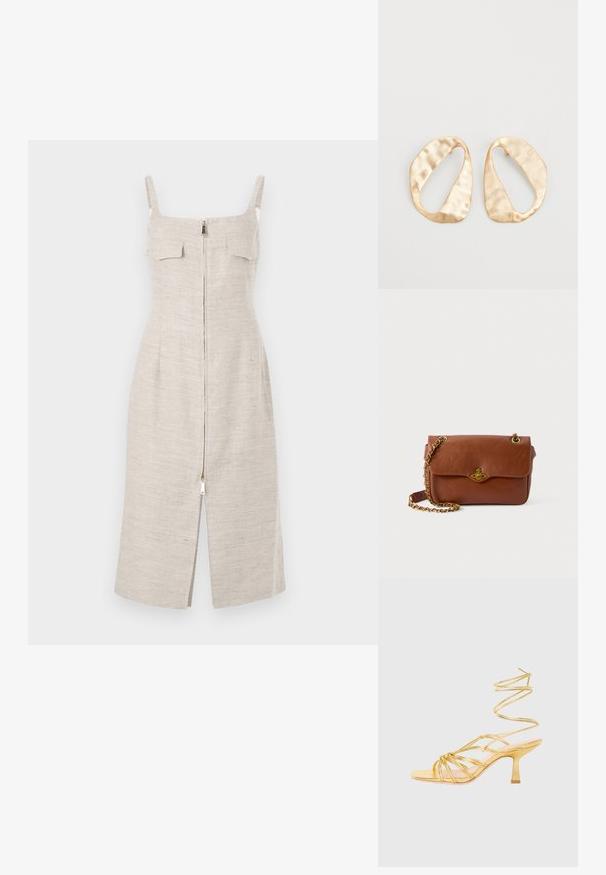 Beige vászonruha testhezálló fazonnal, állítható vállpántokkal, két elülső zsebbel és középen végig húzódó zipzárral a nyaktól az alsó szegélyig.; Arany magas sarkú szandál spirálisan körbefutó bokapánttal, nyitott orral, keresztezett elülső dizájnnal, sima fényes felülettel és karcsú tömb sarokkal.; Barna bőr keresztpántos táska hajtószorítással, arany színű fémrészekkel és lánc pánttal. Simább textúra, téglalap alakú, minimális díszítéssel.; Egy pár szabálytalan, ovális formájú, aranyszínű fém fülbevaló, enyhén kalapált felülettel, fehér háttéren.