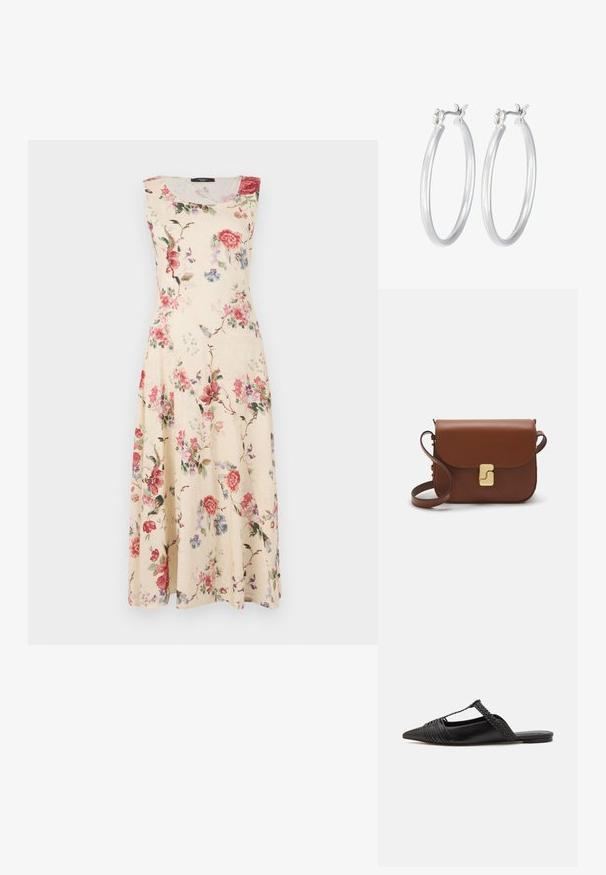 Mouwloze jurk van crèmekleurige stof, versierd met roze en rode bloemen en groene bladeren. A-lijn silhouet met een knielange zoom.; Zwarte leren slingback schoen met een puntige neus, voorzien van een gevlochten accent en geplooid ontwerp aan de bovenkant. Platte zool met minimale hardware.; Bruine leren handtas met een klep sluiting, gouden hardware, een schouderband en een gladde textuur. Compact rechthoekige vorm.; Zilveren oorbellen in de vorm van een gladde, gepolijste ring. Ronde vorm met een veilige kliksluiting. Lichtgewicht ontwerp, geschikt voor dagelijks gebruik.