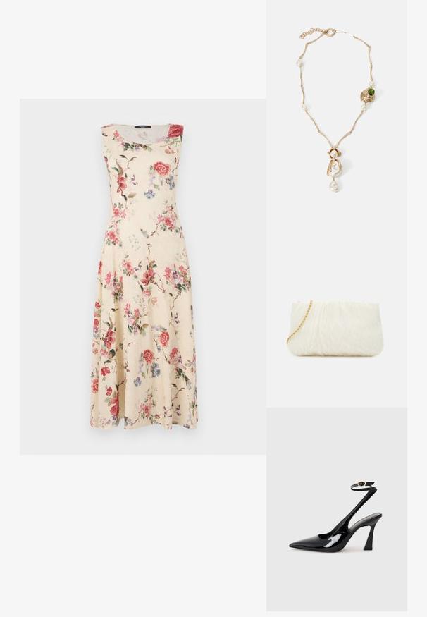 Kreemjas kangas lilleline ilma varrukateta kleit, kus on roosa ja punane lill ning roheline lehestik. A-line lõige ja põlvepikkune äär.; Mustad läikivad patendiga slingback-kõrged kontsad, millel on terav põlv ja reguleeritav pahkluu rihm, ning mõõdukas plokknukk. Sile tekstuur läikiva viimistlusega.; Valge tekstuuriga käekotike, millel on volditud disain ja kuldne ahel. Sile viimistlus peente lainetega ja ümarate servadega.; Kuldne kaelakee keerutatud linkidega, valgete pärlitega ja rohelise kivi aktsendiga. Omab keerukaid detaile ja klambrit kinnitamiseks.