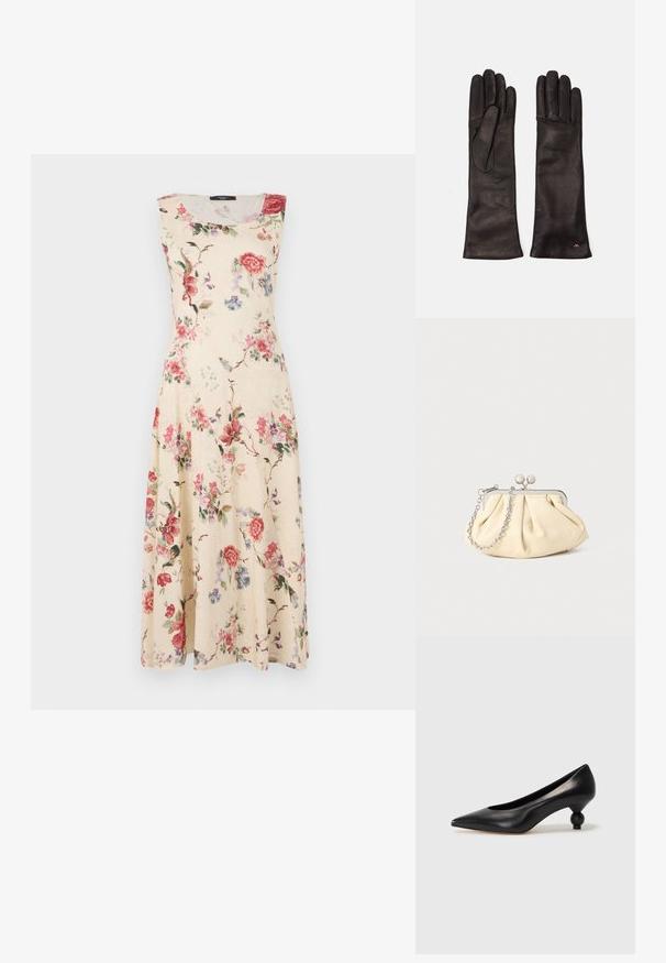 Rochie fără mâneci din material crem, cu flori roz și roșii și frunze verzi. Formă A-line cu o margine la genunchi.; Pantofii cu toc înalt din piele neagră, cu vârf ascuțit și toc rotund, mimos. Textură netedă, cu un design elegant și minimalist.; Clutch din piele plisată bej, cu un cadru din metal argintiu, având două închideri decorative rotunde și o curea din lanț argintiu.; WEEKEND MaxMara SENAPE - Mănuși - nero; Inel de aur cu un design în formă de coroană în interiorul unei potcoave, decorat cu mici pietre clare, pe un fundal alb.