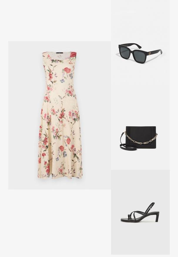 Ärmelloses Blumenkleid aus cremefarbener Stoff, verziert mit pinken und roten Blumen sowie grünen Blättern. A-Linien-Schnitt mit einem knielangen Saum.; Schwarze Sandale mit Riemchen, quadratischer Zehenform und niedrigem Blockabsatz. Verfügt über mehrere dünne Riemen und einen verstellbaren Knöchelriemen. Hergestellt aus glattem Leder.; Schwarze Sonnenbrille mit rechteckigen Gläsern, ausgestattet mit einer glänzenden Oberfläche und goldenen Logo-Akzenten an den Bügeln. Dunkelgraue Gläser bieten UV-Schutz.; Schwarze Leder-Crossbody-Tasche mit glatter Textur, rechteckiger Form und metallic-kettendetail auf der Vorderseite. Verstellbarer Gurt inklusive.