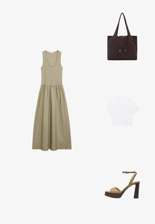Mouwloze maxi-jurk in olijfgroen, gemaakt van zachte stof, met een aansluitend lijfje en een geraffineerde rok met een zwierige uitstraling.; Witte katoenen t-shirt met korte mouwen en een ronde hals. Eenvoudig ontwerp, losse pasvorm, gladde textuur. Geen patronen of accenten zichtbaar.; Beige suède hoge hakken sandalen met een brede voorband en enkelband, met een dikke houten blokhak met een gestructureerde afwerking.; Mango Shopper - dark brown