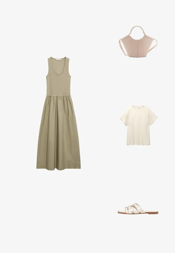 Bezrameni maxi haljina maslinaste boje, izrađena od mekanog materijala, s oblikovanim gornjim dijelom i nabranom suknjom u lepršavom dizajnu.; Svijetlo bež majica kratkih rukava s okruglim izrezom, izrađena od meke, glatke tkanine. Karakterizira je opušteni kroj i ravni rub.; Ravne sandale s smeškom od gume, dizajnirane s tri preklapajuće bele kožne trake i malim detaljem mašne u sredini.; Bež kožna torba jedinstvenog oblika, s dva kratka ručka i dugom podesivom trakom. Glatka tekstura s minimalnim metalnim dodacima.