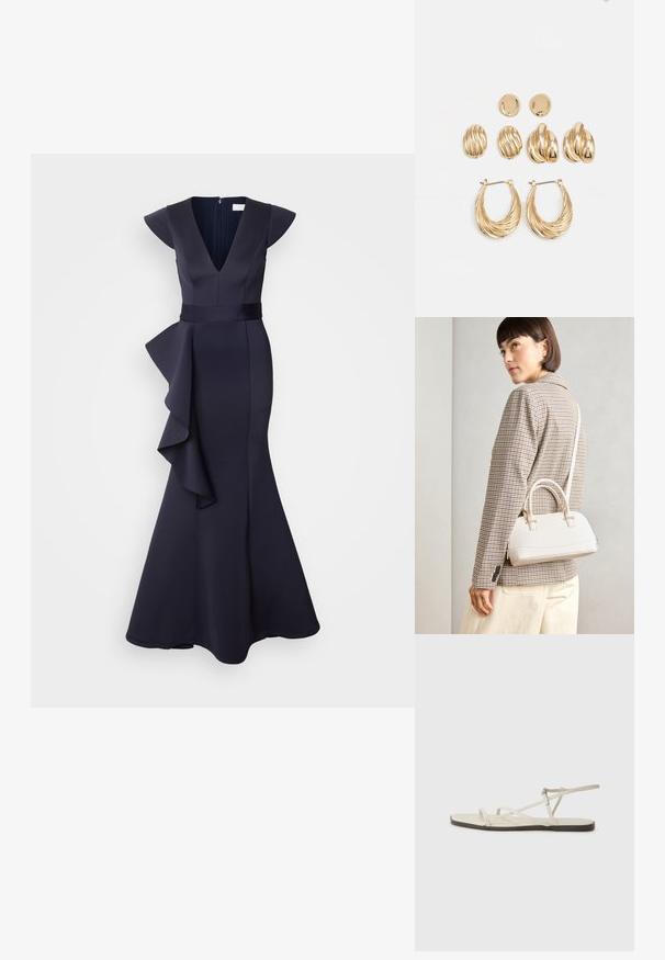 Tamsiai mėlyna vakarų suknelė su gilia V formos iškirpte, rankovėmis-kapišonais ir tekantiomis volanėmis ant sijono. Pagaminta iš struktūrizuotos medžiagos.; Bežiniai plokšti sandalai su keliais lieknais dirželiais ir reguliuojamu užsegimu. Padas plokščias, su lengvu tamsiu kontrastu krašte.; Balta struktūruota rankinė su trumpomis rankenomis ir peties diržu, su auksinėmis detalėmis ir tekstūruota medžiaga, pastatyta prieš pilką foną.; Aukso tonų auskarų rinkinys, kuriame yra trys poros: tekstūruoti ovalūs auskarai, bangos formos auskarai ir dideli hoops auskarai su sluoksniuotomis briaunomis.