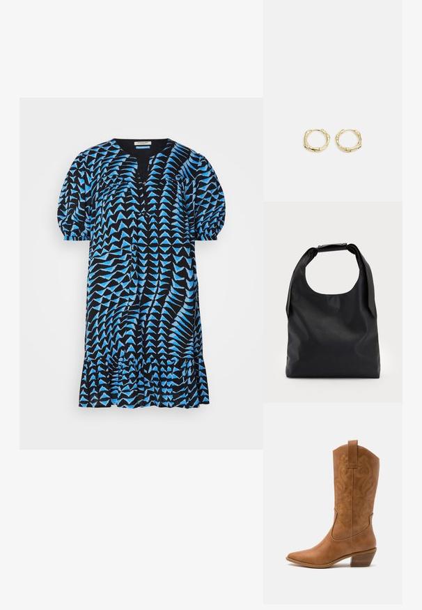 Abito nero con motivo geometrico blu, maniche a sbuffo corte, scollatura a V, patta con bottoni e orlo volant. Tessuto leggero, vestibilità comoda.; Stivale cowboy in pelle marrone chiaro con punta affusolata, modelli ricamati a spirale sull'asta e tacco a blocco impilato. Presenta una linguetta per una facile calzata.; Borsa hobo in pelle nera con un manico unico, morbido e arrotondato; presenta una texture liscia e un design minimalista. Nessun hardware o accenti visibili.; Orecchini a cerchio in oro con una forma irregolare e texture. Presentano una chiusura senza giunture e una finitura superficiale lucida, che enfatizza un design moderno.