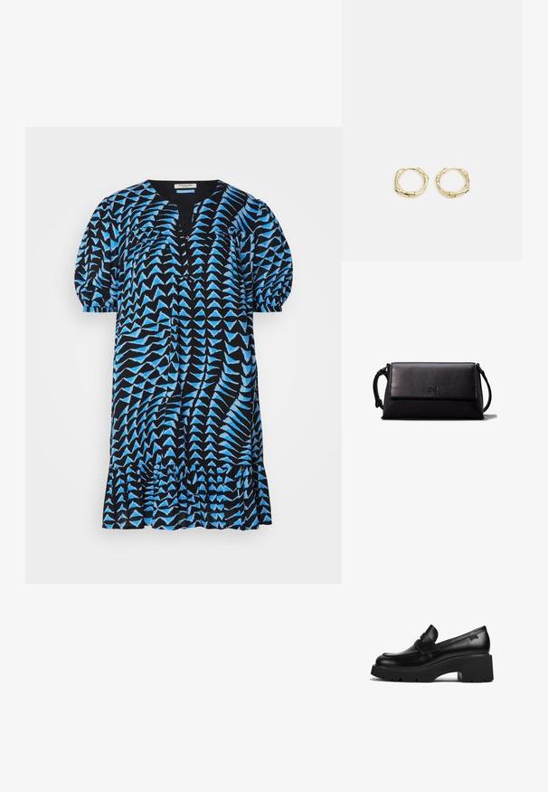 Juoda suknelė su mėlynais geometriniais raštais, trumpomis pūstomis rankovėmis, V formos iškirpte, mygtukų apdaila ir voluojamu apvadu. Lengvas audinys, laisvas siluetas.; Juodas odinis loaferis su storais kulnais, storu padu ir dirželiu per viršų, rodoma iš šono ant baltos fono.; Juodas odinis kosmetinis krepšys, stačiakampio formos, lygia tekstūra, plokščiu uždarymu ir mažu rankenėle šone. Pabrėžia subtilų logotipą.; Aukso žiedo auskarai su tekstūruotu, netaisyklingu paviršiumi. Yra be siūlių užsegimas ir poliruotas paviršius, akcentuojantis modernų dizainą.