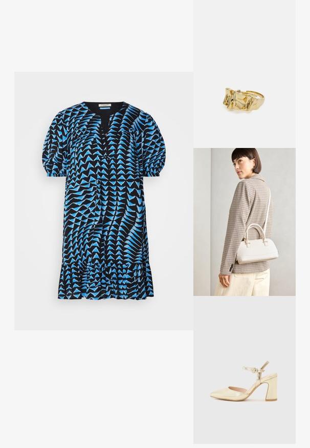 Svart kjole med blå geometrisk mønster, korte pufferm, V-hals, knappestolpe og volangkant. Lett stoff, avslappet passform.; Gull metallisk hæl sko med spiss tå, ankelrem med en sirkelformet lås, og en tykk hældesign. Glatt tekstur.; Hvit strukturert håndveske med korte håndtak og skulderreim, med detaljer i gullfinish og teksturert materiale, vist mot en grå bakgrunn.; Gullring med teksturert, bølgete design som har tre fremtredende topper. Glatt, blank overflate med åpen ring for justerbar passform.