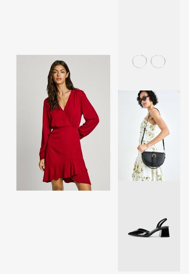 Rochie roșie cu mâneci lungi, talie drapată și tiv ondulat. Țesătură texturată și design cu decolteu în V adânc. Potrivită pentru diverse ocazii.; Pantofi cu toc slingback din piele lacuită neagră, cu vârf ascuțit și toc geometric. Prezintă un design elegant, minimalist și o textură netedă.; Geantă din piele neagră, cu o formă curbată, curea detașabilă și accesorii aurii. Geanta are un capac cu un detaliu tip cataramă.; Cercei din argint cu un design elegant și rotund, având o suprafață netedă și fără embellismente vizibile. Diametrul nu este specificat.