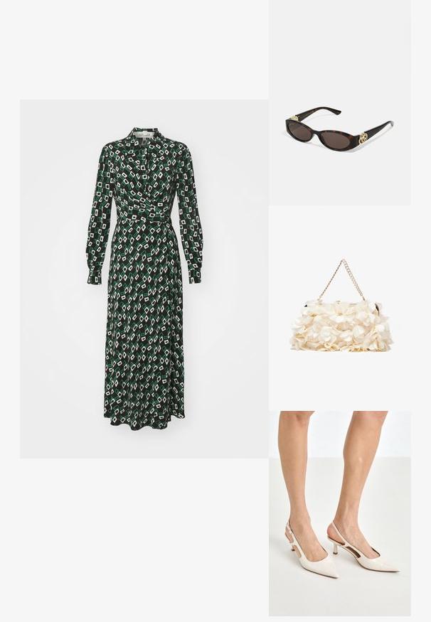 Diane von Furstenberg TORI DRESS - Rochie tip cămașă - black; Cizme slingback din piele vopsită bej, cu vârf ascuțit și toc de 5 cm, având laterale decupate și o curea subțire la gleznă.; Ochelari de soare din țiglă cu lentile ovale alungite, nuanță maro, accente cu logo auriu pe brațele laterale și brațe negre elegante.; Geantă albă cu flori, cu o suprafață din material adunat, bretea din lanț cu aspect auriu și închidere metalică. Prezintă petale texturate pentru un plus de detaliu.