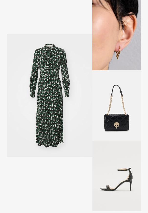 Diane von Furstenberg TORI DRESS - Srajčna obleka - black; Črne usnjene sandale s peto, ki imajo priponko za gleženj. Imajo gladko teksturo, odprt prst in tanek peto. Podrobnost z zlatim sponko.; Črna prešita usnjena torbica z zlatim verižnim ročajem, ki vsebuje okroglo zapiralno podrobnost. Kompaktna pravokotna oblika z gladko teksturo.; Zlati uhani iz obroča z organskim, tekočim dizajnom, ki vključuje teksturirane poudarke in gladko površino, nosijo se na prebitem ušesu.