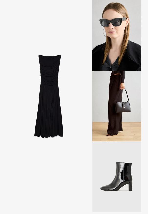 Czarna, bezrękawna sukienka maxi z marszczoną teksturą na górze i płynącą, plisowaną spódnicą. Wykonana z gładkiego, elastycznego materiału.; Czarne lakierowane botki za kostkę z wysmukłym noskiem i średniej wysokości obcasem w kształcie słupka. Gładka tekstura i minimalistyczny design.; Czarne okulary w kocim kształcie z ciemnymi soczewkami, grubymi oprawkami i subtelnymi akcentami. Noszone z czarnym płaszczem i szarym topem, z długimi prostymi włosami.; Czarna torebka o usztywnionym kształcie, gładkiej fakturze i metalowym zapięciem. Połączona z szerokimi czarnymi spodniami i sandałami na otwartym palcu na drewnianej podłodze.