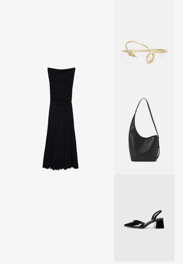Črna, brez naramnic dolga obleka z nabranim teksturiranim zgornjim delom in gladkim, nabranim krilom. Narejena je iz gladkega, elastičnega materiala.; Črne lakirane slingback pete s koničastim nosom in geometrijsko blokasto peto. Imajo eleganten, minimalističen dizajn in gladko teksturo.; Črna usnjena hobo torba z gladko teksturo, ukrivljeno obliko in eno nastavljivo naramnico; ima širok odprtina na vrhu.; Zlato obarvan kovinski zapestnica s tekočim, ukrivljenim dizajnom. Ima majhen, izstopajoč srebrn poudarek na enem koncu.