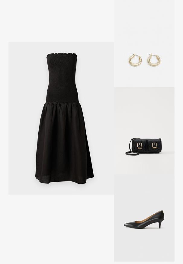 Črna brezramna obleka s smockiranim korzetom, nabrano ovratnico in široko, nabranim krilom iz lahkotnega materiala.; Črne usnjene črpalke s koničastim nosom, nizko peto in gladko teksturo. Imajo rahlo odprtino spredaj in minimalno opremo zadaj.; Črna usnjena torbica čez ramo z dvema sprednjima žepoma, zlatimi zaponkami, zadrgo in ozkim pasom. Tekstura površine je strukturirana, obliko pa ima kompaktno pravokotno.; Lauren Ralph Lauren BASIC SMALL HOOP - Uhani - gold-coloured