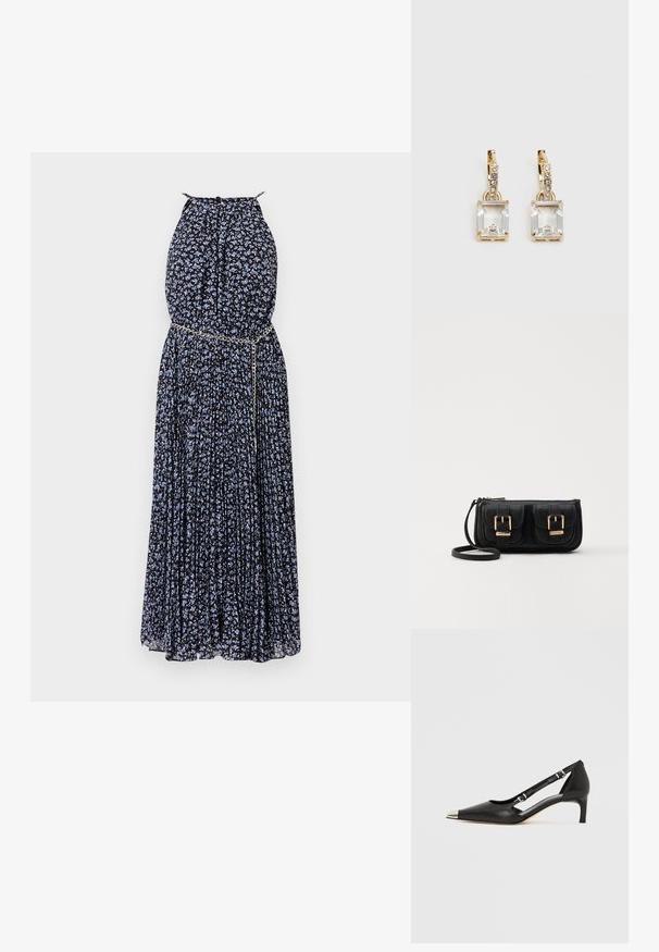 Musta maksikleidi sinise lillemustriga, klappide disainiga, kaelus sõlmes ja metallist ahelaga aktsent vööümber.; Mustast nahast kassikontsaga king, millel on terava kujuga hõbedane nina ja topeltsõlmedega rihmad, valgel taustal.; Must küllastamata nahast õlakott, millel on kaks esist nähtavat taskut, kuldsed pandlad, tõmblukuga sulgemine ja peen rihm. Tekstuuriga pind ja kompaktne ristkülikukujuline kuju.; Must küllastamata nahast õlakott, millel on kaks esist nähtavat taskut, kuldsed pandlad, tõmblukuga sulgemine ja peen rihm. Tekstuuriga pind ja kompaktne ristkülikukujuline kuju.; Kuldtooni kõrvarõngad, millel on ristkülikukujuline, selge kristall, mis ripub allapoole väikeste ümmarguste selgete aktsentide rida. Viimistletud, kaasaegne disain.