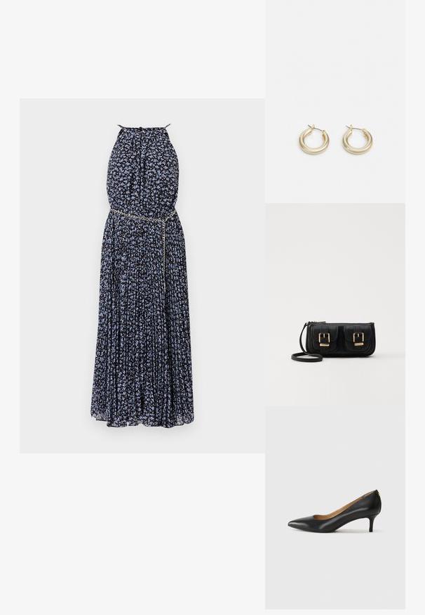 Maxi-jurk in zwarte stof met blauw bloempatroon, geplooid ontwerp, halternek en een metallic kettingaccent in de taille.; Zwarte leren pump met een puntige teen, lage hak en een gladde textuur. Heeft een lichte opening aan de voorkant en minimale hardware aan de achterkant.; Zwarte leren schoudertas met twee vo pockets, gouden gespen, ritsluiting en een smalle band. Tekstuur oppervlak en compacte rechthoekige vorm.; Lauren Ralph Lauren BASIC SMALL HOOP - Oorbellen - gold-coloured