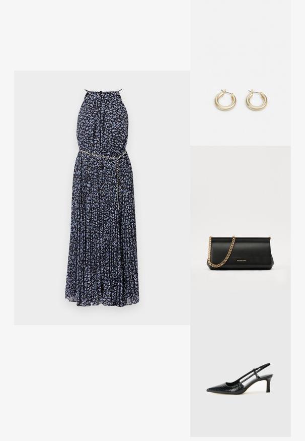 Maxi-jurk in zwarte stof met blauw bloempatroon, geplooid ontwerp, halternek en een metallic kettingaccent in de taille.; Zwart patent slingback hak met een spitse neus, voorzien van een gestructureerde slangenprint, verstelbare band en een korte, gestructureerde blokhak.; Zwarte leren clutch tas met een gouden kettinghengsel, voorzien van een gladde textuur, rechthoekige vorm en reliëfmerk op de voorkant.; Lauren Ralph Lauren BASIC SMALL HOOP - Oorbellen - gold-coloured