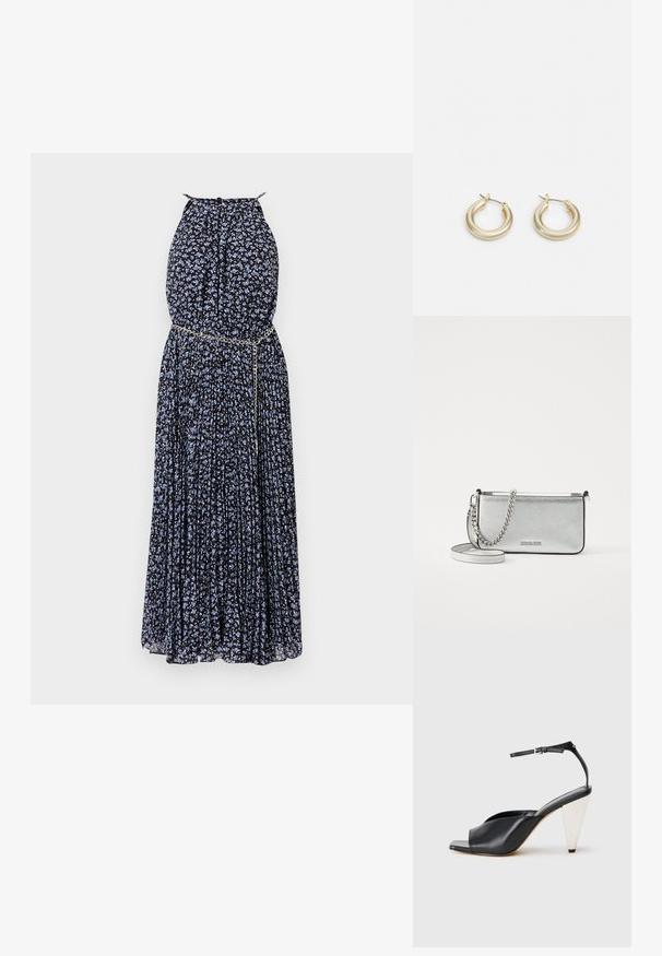 Vestido maxi em tecido preto com padrão floral azul, design pregueado, decote halter e um detalhe em corrente metálica na cintura.; Sandal de salto alto em couro preto com bico aberto, design assimétrico, tira no tornozelo e um salto metálico em forma de cone. Textura suave por toda a parte.; Bolsa crossbody de couro prateada com um acabamento texturizado, detalhes em corrente e alça, e fecho de zíper. Apresenta um logotipo na parte da frente.; Lauren Ralph Lauren BASIC SMALL HOOP - Brincos - gold-coloured