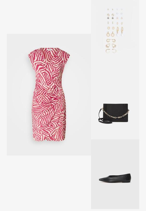 Pink and cream zebra print dress with a wrap design, cap sleeves, and gathered detail on the side. Made of lightweight fabric.; Black leather ballet flat, pointed toe, minimalistic design, smooth texture, low-profile heel, no visible hardware or embellishments.; Black leather crossbody bag featuring a smooth texture, rectangular shape, and a metallic chain detail on the front. Adjustable strap included.; Set of gold-tone earrings featuring various designs, including studs, hoops, and dangling pieces with pearls and rhinestones.