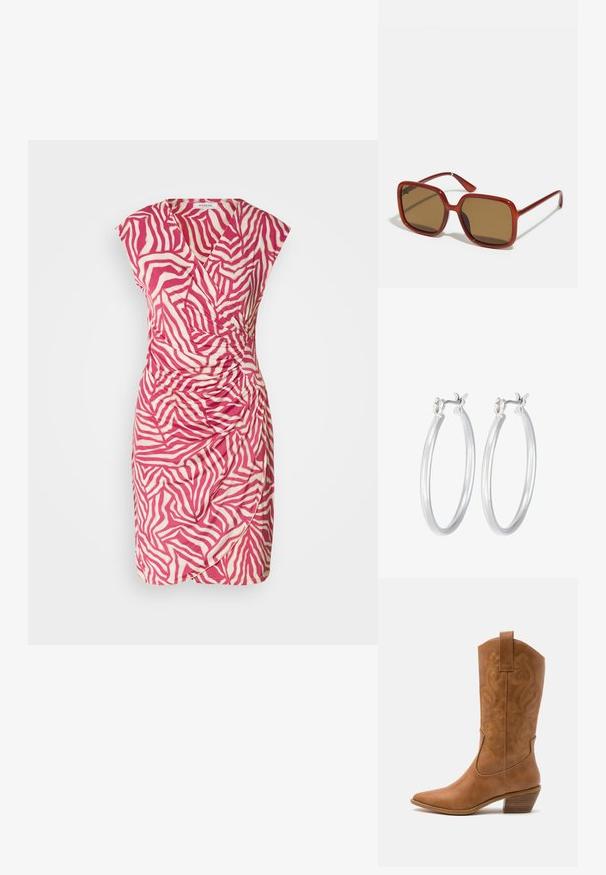 Rosa og creme zebraprint kjole med indpakningsdesign, korte ærmer og samlet detalje på siden. Lavet af letvægtigt stof.; Tan læder cowboystøvle med spids tå, broderede svirvelmønstre på skaftet og en stablet blokhæl. Har en træksløjfe for nem af/på.; Røde firkantede solbriller med brune tonede linser. Tykk, blank ramme og smalle stænger med små detaljer på siden for visuel interesse.; Sølv hoop øreringe med en glat, poleret overflade. Rund form og sikker klik-lukning. Letvægtsdesign, der er velegnet til hverdagsbrug.