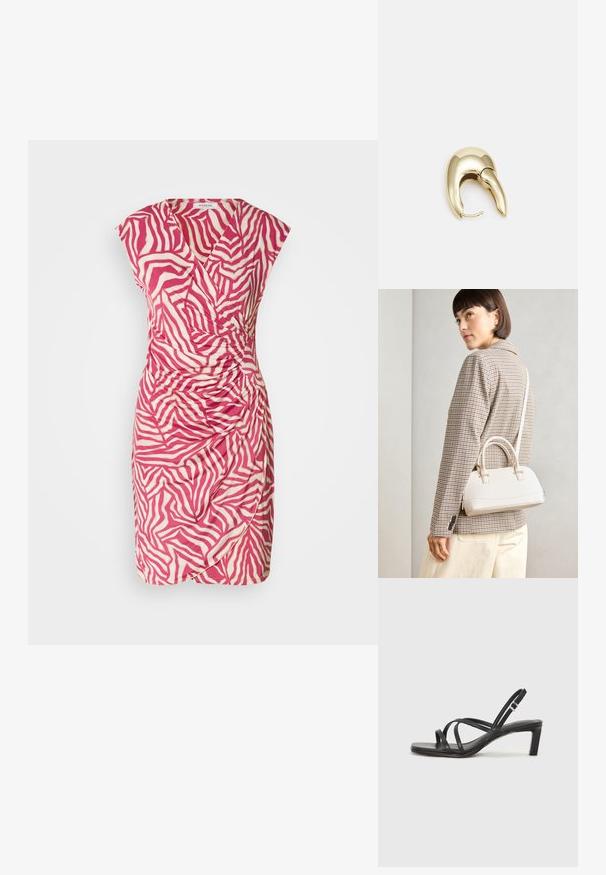 Rosa- og kremfarget zebra mønster kjole med omslagdesign, kappermer og rynkedetalj på siden. Laget av lett stoff.; Sorte sandaler med stropper, firkantet tå og lav blokk hæl. Har flere tynne stropper og en justerbar ankelstropp. Laget av glatt lær.; Hvit strukturert håndveske med korte håndtak og skulderreim, med detaljer i gullfinish og teksturert materiale, vist mot en grå bakgrunn.; Gullfarget metalløredobber med et elegant, buet design. Har en karakteristisk spiss form, polert overflate og hengsel-lukking.