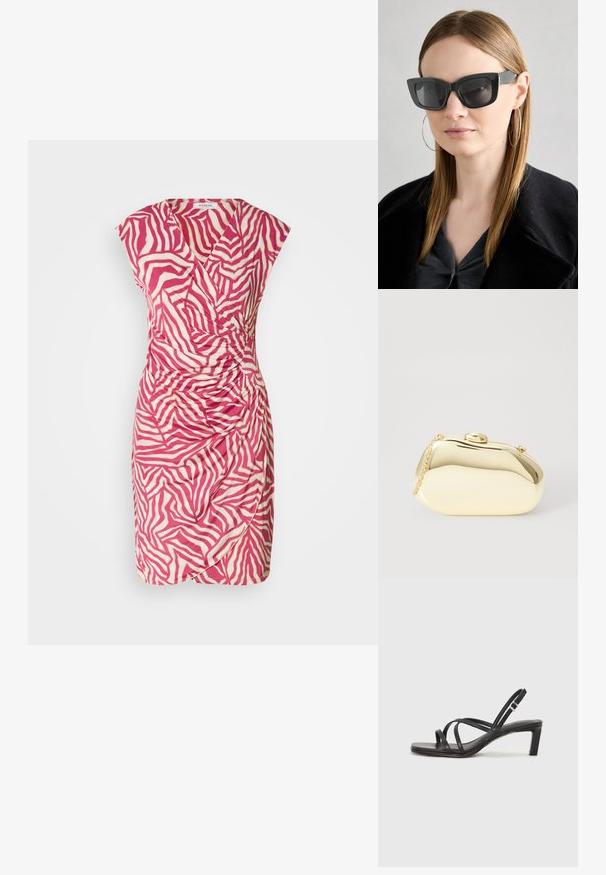 Pink and cream zebra print dress with a wrap design, cap sleeves, and gathered detail on the side. Made of lightweight fabric.; Black strappy sandal with a square toe and a low block heel. Features multiple thin straps and an adjustable ankle strap. Made of smooth leather.; Black cat-eye sunglasses with dark lenses, thick frames, and subtle accents. Worn with a black coat and gray top, featuring long straight hair.; Metallic gold clutch with a smooth, rounded shape, featuring a top button clasp and a small chain strap for carrying.