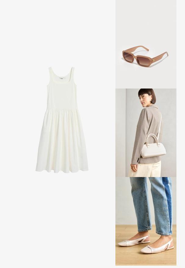 Weißes ärmelloses Kleid aus weichem, leichtem Stoff. Es hat einen quadratischen Ausschnitt und einen gefältelten Rock, der eine lockere Passform bietet.; Blassrosa Slingback-Ballerinas mit spitzem Punkt, aus einem glatten, lederähnlichen Material. Mit Ausschnitten an den Seiten und einem flachen Absatz.; Braune rechteckige Sonnenbrille mit Verlaufslinsen, dicken Rahmen und einem Logodetail an der Seite. Glattes Kunststoffmaterial, minimales Design.; Weiße strukturierte Handtasche mit kurzen Griffen und einem Schultergurt, ausgestattet mit goldfarbenen Hardware-Elementen und strukturiertem Material, vor einem grauen Hintergrund präsentiert.