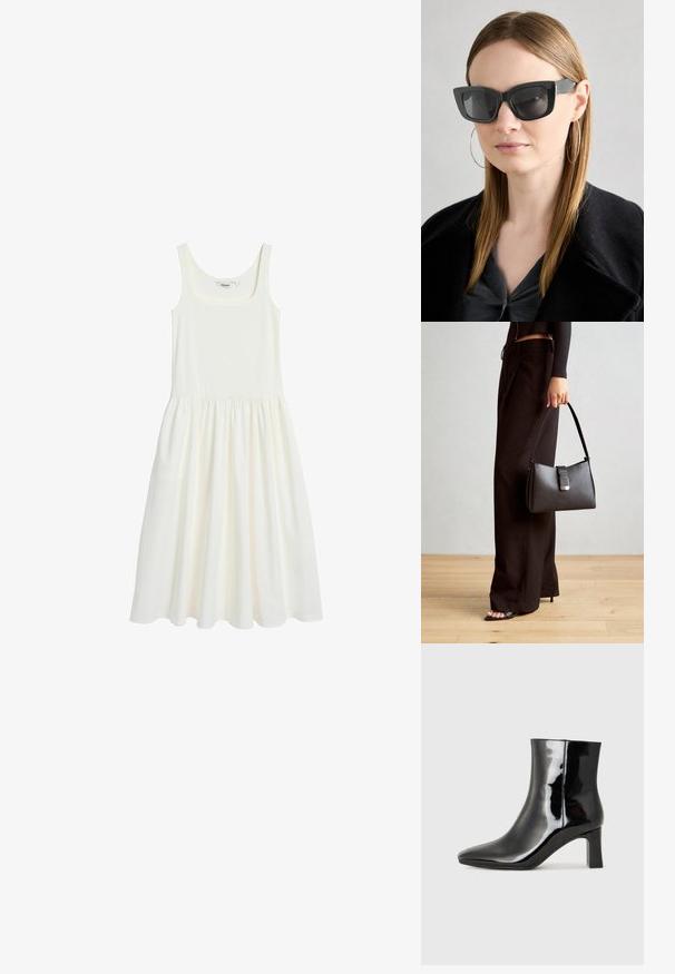 Weißes ärmelloses Kleid aus weichem, leichtem Stoff. Es hat einen quadratischen Ausschnitt und einen gefältelten Rock, der eine lockere Passform bietet.; Schwarzer Lackleder-Stiefelette mit spitzer Zehe und einem mittelhohen Blockabsatz. Glatte Textur und minimalistisches Design.; Schwarze Katzenaugen-Sonnenbrille mit dunklen Gläsern, dicken Rahmen und subtilen Akzenten. Getragen mit einem schwarzen Mantel und einem grauen Oberteil, dazu lange, glatte Haare.; Schwarze Handtasche mit strukturierter Form, glatter Textur und einem metallischen Verschluss. Kombiniert mit weiten schwarzen Hosen und offenen Sandalen auf einem Holzboden.