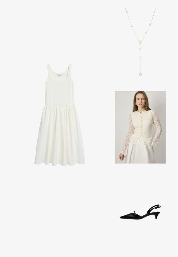 Weißes ärmelloses Kleid aus weichem, leichtem Stoff. Es hat einen quadratischen Ausschnitt und einen gefältelten Rock, der eine lockere Passform bietet.; Cremefarbenes Spitze-Bluse mit langen, durchsichtigen Spitzenärmeln, runder Halsauschnitt und Knopfdetails an der Vorderseite. Ausgestellte Silhouette.; Schwarzer Slingback-Schuh mit spitzer Zehe, aus glattem Material gefertigt, mit einem schmalen Absatz und einem kleinen Dekorationsakzent am Riemen.; Halskette in Goldoptik mit runden weißen Perlen, die entlang einer filigranen Kette verteilt sind, und einem tropfenförmigen rosa Perlenanhänger in der Mitte.