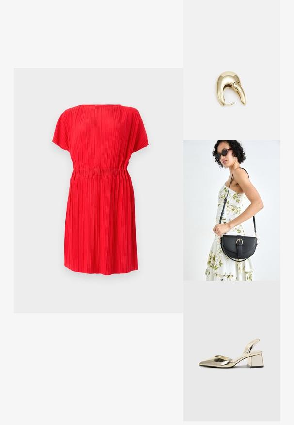 Vestido vermelho pregueado com mangas curtas e cintura elástica, textura suave, ao comprimento dos joelhos, decote redondo e pregas verticais uniformes.; Sapatos de salto alto metálicos dourados, com biqueira em ponta e salto grosso. Textura suave, design minimalista e uma tira estreita.; Bolsa de couro preta com forma curva, alça destacável e detalhes em dourado. A bolsa possui uma aba com detalhe de fivela.; Brinco em metal dourado com um design elegante e curvo. Apresenta uma forma pontiaguda distinta, superfície polida e fecho por dobradiça.