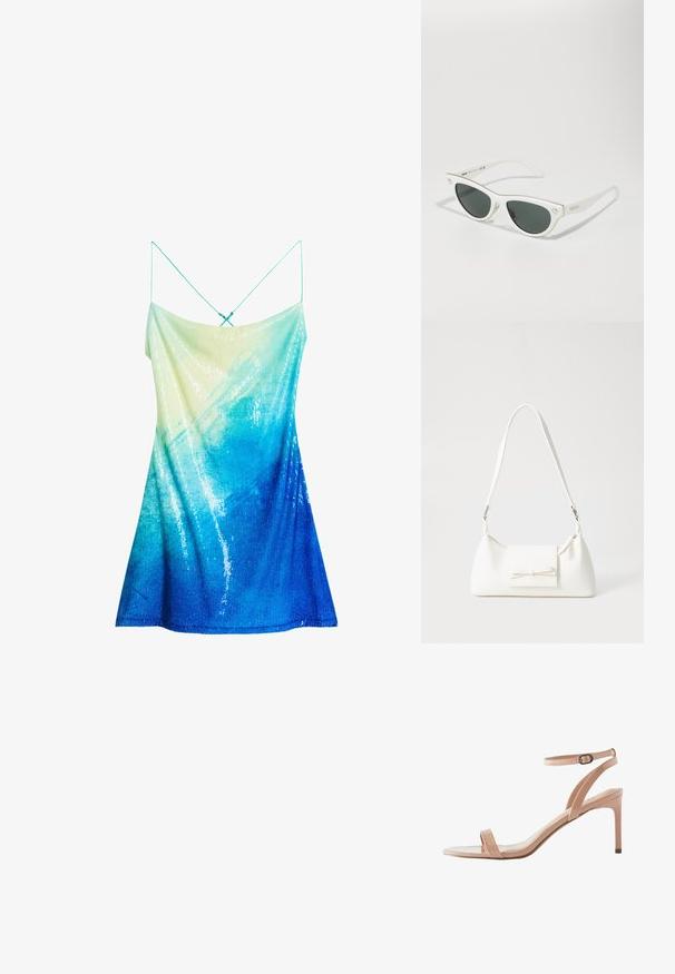 Rankovių neturinti suknelė su gradientu nuo šviesiai žalios iki giliai mėlynos, papuošta blizgučiais ir plonomis petnešomis, sukurianti lygią, tekstūruotą paviršių.; Next FOREVER COMFORT SIMPLE - Sandalai - nude; Baltos katės akies akiniai su tamsiais akiniais, auksiniais akcentais ant rėmo ir logotipo detalėmis šone. Lygus plastikinis paviršius.; Balta sintetinė rankinė trikampio formos, plokščiu priekiu su užsegimu, kaspino detale, reguliuojama dirželiu, lygia tekstūra ir minimalistišku dizainu.