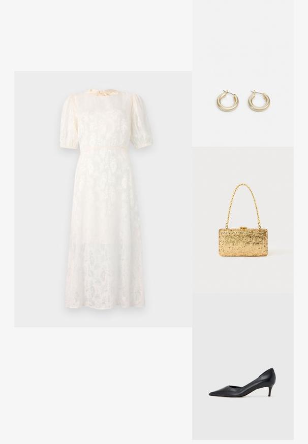 Vestido branco com padrão floral feito de tecido leve, apresentando mangas curtas com volume e um decote amarrado, com uma silhueta fluida até ao joelho.; Sapato de salto alto preto em pele com bico fino e salto baixo. Apresenta uma textura suave e brilho subtil. Corte aberto na parte da frente para um detalhe adicional.; Clutch dourada em lantejoulas com formato retangular, apresentando uma alça de corrente torcida e um fecho de metal, refletindo a luz com um acabamento texturizado.; Lauren Ralph Lauren BASIC SMALL HOOP - Brincos - gold-coloured