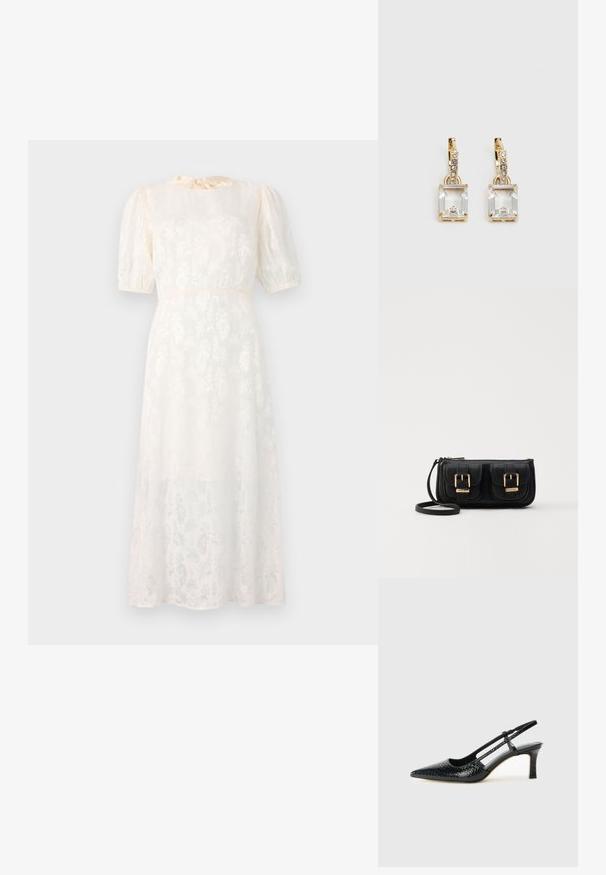 Bijela haljina s cvjetnim uzorkom izrađena od lagane tkanine, s kratkim napučenim rukavima i vezanjem oko vrata, koja ima lepršavi, do koljena dugačak siluetu.; Crne lakirane slingback pete s oštrim vrhom, s teksturiranim uzorkom zmijske kože, podesivom remenom i kratkom, teksturiranom blok-petom.; Crna kožna torba preko ramena s dva prednja džepa, zlatnim kopčama, zatvaranjem na zip i uskim remenom. Teksturirana površina i kompaktan pravokutan oblik.; Zlatne naušnice s pravokutnim, prozirnim kristalom koji visi ispod niza malih, okruglih prozirnih akcenata. Elegantni, moderni dizajn.