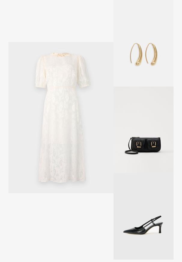 Balta kleita ar ziedu rakstu, izgatavota no viegla auduma, ar īsām pūkainām piedurknēm un saitēto apkakli, plūstoša, līdz ceļiem garuma silueta.; Melna patent āda ar slīdošo papēdi un smailo purngalu, ar teksturētu čūsku drukājumu, regulējamu siksniņu un īsu teksturētu blokpapēdi.; Melnas ādas crossbody soma ar divām priekšējām kabatām, zelta sprādzēm, ar rāvējslēdzēju aizdari un šauru siksnu. Strukturēta virsma un kompakta taisnstūra forma.; Zelta toņu metāla gredzena auskari ar izliektu, pagarinātu formu. Ar gludu, spīdīgu virsma un noapaļotu galu papildu detaļām.