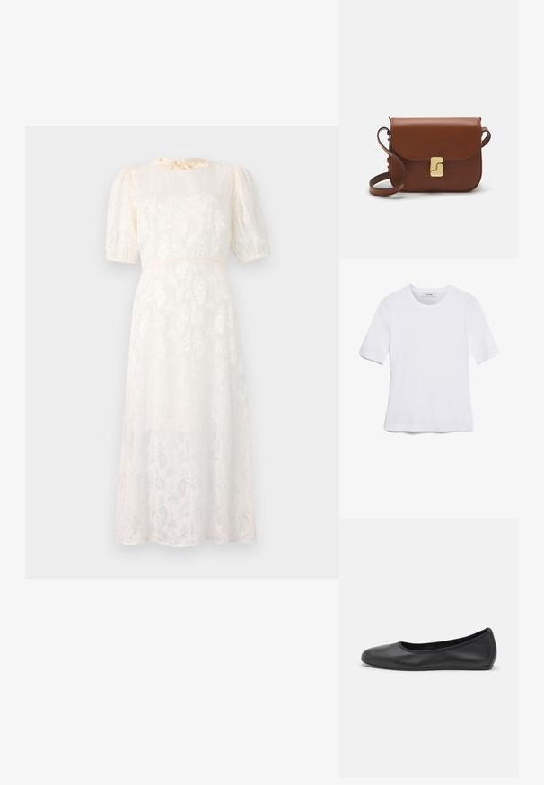 Valkoinen, kukkakuosisista kankaista valmistettu mekko, jossa on kevyet materiaalit, lyhyet puff-hihat ja sidottava pääntiema, sekä loistava, polvipituinen siluetti.; Valkoinen lyhythihainen t-paita, joka on valmistettu ribbytedusta kankaasta. Pyöreä pääntiie, normaali istuvuus ja hienovaraiset ompeluyksityiskohdat. Ei kuvioita tai grafiikkaa.; Musta nahkainen ballerina, jossa on pyöristetty kärki, sileä pinta, minimaalinen ommelkoristelu ja joustava pohjamuotoilu.; Ruskea nahkainen käsilaukku, jossa on läppäkiinnitys, kultasävyiset yksityiskohdat, olkahihna ja sileä pinta. Kompaktin suorakaiteen muotoinen.