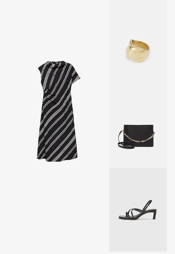 Čierne šaty s bielymi diagonálnymi pruhmi, s drapovaným výstrihom a krátkymi rukávmi, vyrobené z mäkkej, štruktúrovanej tkaniny.; Čierne sandále na vysokom podpätku so štvorcovou špičkou a nízkym blokovým podpätkom. Obsahujú viacero tenkých popruhov a nastaviteľný členkový popruh. Vyrobené z hladkej kože.; Čierna kožená crossbody taška s hladkou textúrou, obdĺžnikovým tvarom a kovovým reťazovým detailom na prednej strane. Súčasťou je nastaviteľný popruh.; Zlatá prstene s hladkým, skrúteným dizajnom. Má lesklý povrch a zaoblené okraje, čím vytvára bezproblémový, plynulý tvar.