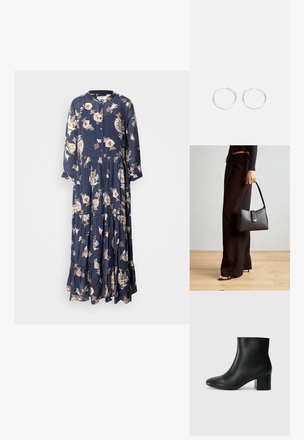 Lollys Laundry DRESS - Maxi ruha - blue; Fekete bőr bokacsizma hegyes orral és vastag sarokkal. Sima felület minimális díszítéssel és karcsú, passzos kialakítással.; Fekete kézi táska strukturált formával, sima textúrával és fémből készült záródással. Széles fekete nadrággal és nyitott orrú szandállal párosítva, fából készült padlón.; Ezüst karika fülbevalók, letisztult, kerek formával, sima felülettel és látható díszítés nélkül. A átmérő nem megadott.