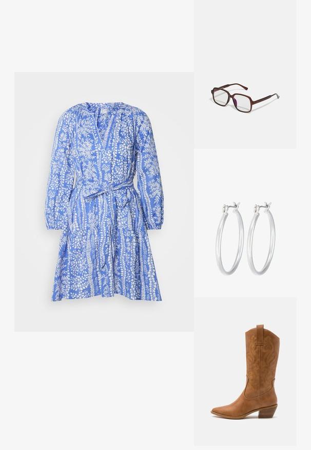 Lindex DRESS TANIA - Dnevna haljina - blue; Smeđe kožne kaubojke s oštrim nosom, izvezenim spiralnim uzorcima na gornjem dijelu i blok petom. Imaju potporu za lakše obuvanje.; Smeđe, pravokutne naočale s prozirnim lećama i ljubičastim nijansama. Glatki plastični okvir sa ravnim skrambljima i suptilnim akcentsima.; Srebrne kružne naušnice s glatkom, poliranom površinom. Okrugli oblik i sigurno kopčanje na klik. Lagani dizajn pogodan za svakodnevno nošenje.