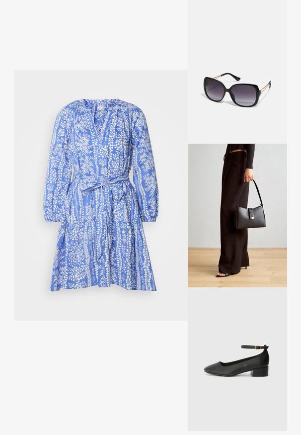 Lindex DRESS TANIA - Denní šaty - blue; Černé kožené lodičky s špičatou špičkou a nízkým blokovým podpatkem. Obsahují pásek kolem kotníku se zlatou sponou. Hladký povrch.; Černé oversized sluneční brýle se gradientními skly, silnými rámy a zlatými řetízkovými detaily na nožičkách.; Černá kabelka se strukturovaným tvarem, hladkým povrchem a kovovým uzávěrem. Kombinována s širokými černými kalhotami a sandály s otevřenou špičkou na dřevěné podlaze.