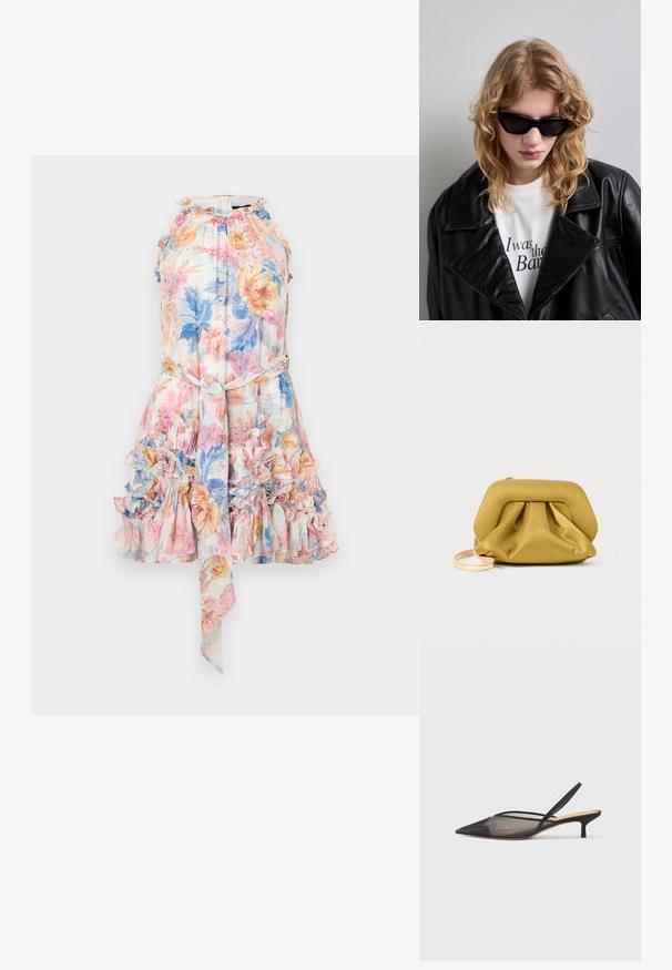Virágmintás ruha könnyű anyagból, fodros szegéllyel, pasztell rózsaszín, kék és sárga nyomattal, pántos nyakkivágással és derékon megkötős övvel.; NEOUS IRENA - Klasszikus sarkú cipők - black; Fekete napszemüveg, amely elegáns, szögletes formájú. A modellen fekete bőrkabát van egy fehér póló felett, amelyen nyomtatott szöveg található, semleges háttér előtt.; Sárga, puha tapintású clutch táska kialakított felső résszel, ráncolt aljjal és vékony, levehető pánttal. Cipzáras zárás a tetején.