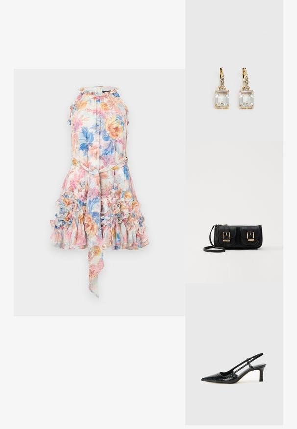 Blomstrete kjole i lett stoff med volangkant, pastell rosa, blå og gul print, halterneck og knytbelte i midjen.; Sorte patent slingback hæl med spids tå, featuring tekstureret slangeskind, justerbar rem og en kort, tekstureret blokhæl.; Svart skinn crossbody veske med to frontlommer, gyldne spenner, glidelåslukking og en slank stropp. Teksturert overflate og kompakt rektangulær form.; Gullfargede øreringer med en rektangulær, klar krystall som henger under en rad av små, runde klare akenter. Elegante, moderne design.
