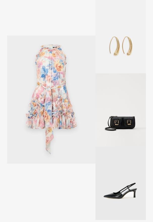 Kukallinen mekko kevyestä kankaasta, jossa on röyhelöhelma, vaaleanpunaisia, sinisiä ja keltaisia kuvioita, halterneck-malli ja vyötäröllä solmittava vyö.; Musta patent slingback-kiilakorko teräväkärkisellä muotoilulla, jossa on teksturoitu käärmeennahkakuosi, säädettävä remmi ja lyhyt, teksturoitu blokkiheel.; Musta nahkainen olkalaukku, jossa on kaksi etutaskua, kultaiset soljet, vetoketjukiinnitys ja kapea hihna. Teksturoidun pinnan ja kompaktin suorakaiteen muoto.; Korvakorut kultasävytteistä metallista, joissa on kaareva, pitkänomainen muoto. Ominaisuuksiin kuuluu sileä, kiiltävä pinta ja pyöreä kärki lisäyksinä.