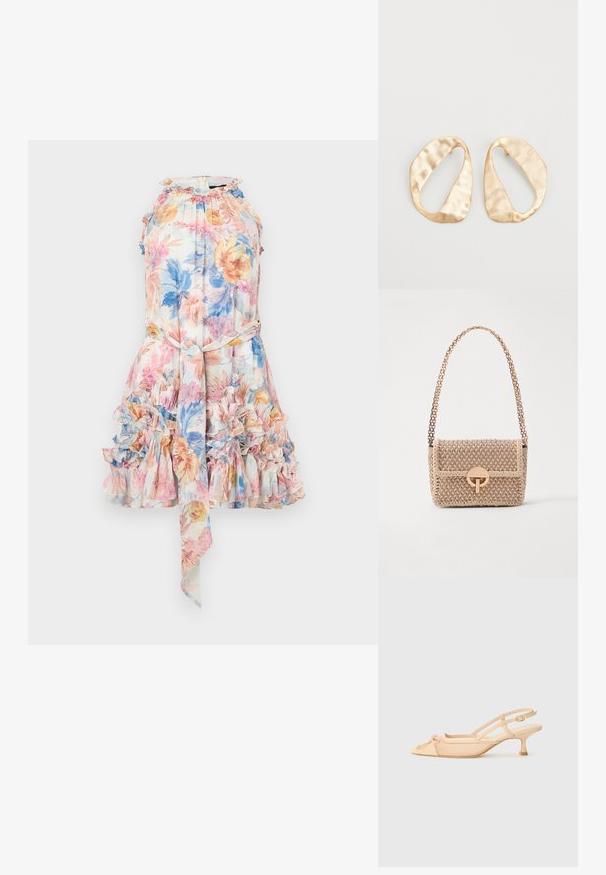 Virágmintás ruha könnyű anyagból, fodros szegéllyel, pasztell rózsaszín, kék és sárga nyomattal, pántos nyakkivágással és derékon megkötős övvel.; Stuart Weitzman KITTY - Klasszikus sarkú cipők - beige/barely beige; Vanessa Bruno MOON - Keresztpántos táska - beige/ivoire; Egy pár szabálytalan, ovális formájú, aranyszínű fém fülbevaló, enyhén kalapált felülettel, fehér háttéren.